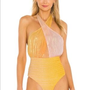 Rococo Sand Revolve Leal Bodysuit Women’s L Yellow Pink Shimmer Beach Halter NWT